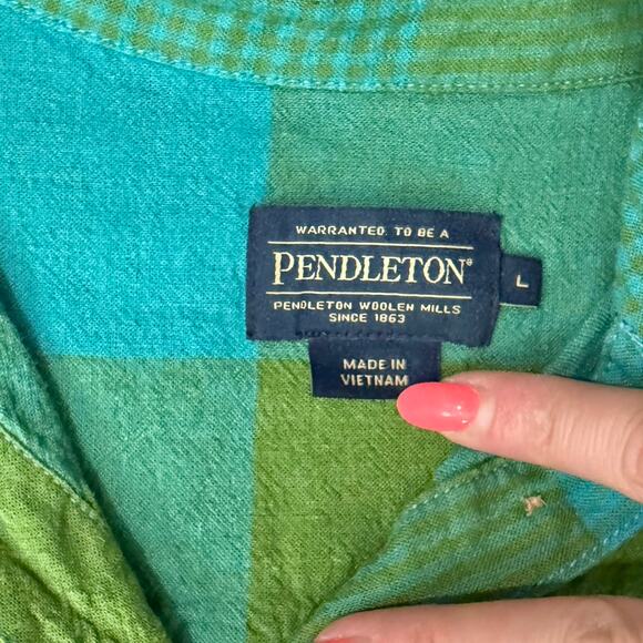 Pendleton Green Blue Plaid Adley Linen Blend Button Down Long Sleeve Shirt sz L - Picture 8 of 10
